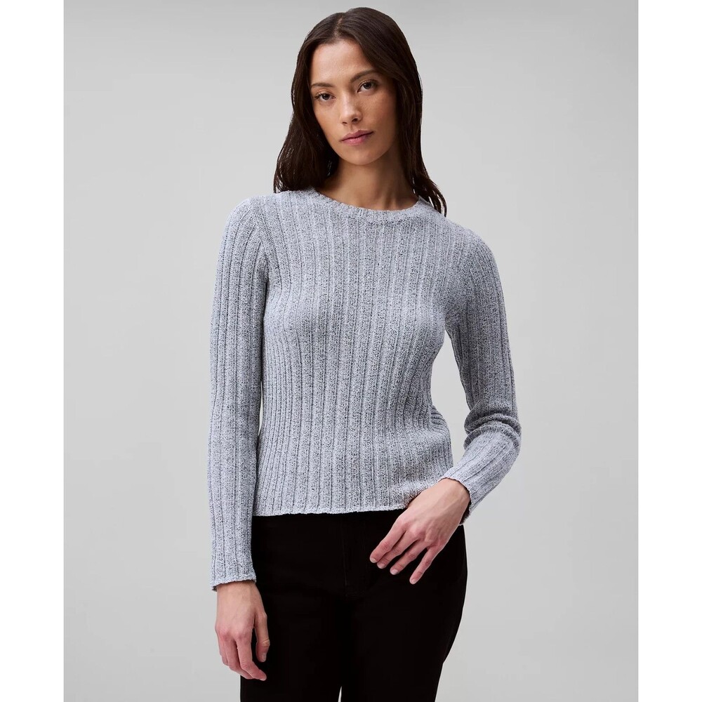 Calvin Klein Women's Ribbed Long-Sleeve Crewneck Knit Sweater Top Light Gray S